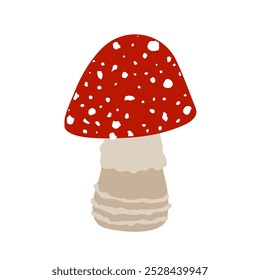 Small fly agaric mushroom with red cap and white dots, Amanita muscaria mushroom, cartoon vector isolated illustration