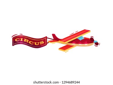 Small flying airplane with red banner. Advertising of circus. Cartoon vector design