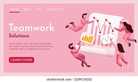 Small flying people around business solution or user experience elements working together. Teamwork concept. Vector illustration