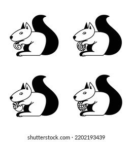 Small forest animal. The squirrel sits on its hind legs. A set of squirrels holding forest food in their paws: walnut, hazelnut, acorn and cone. Logo for business with the image of a squirrel.