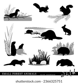 Small forest animals, silhouettes and scenes. Vector illustration.