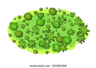Small forest with height. Park with trees. View from above. Plant landscape. Island. Green wildlife. Top view. Background illustration in cartoon style. Isolated Vector.