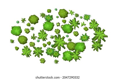 Small forest with height. Park with trees. View from above. Plant landscape. Island. Green wildlife. Top view. Background illustration in cartoon style. Isolated Vector.