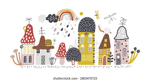 Small forest village. Childish vector illustration with mushrooms, houses, snails, butterflies and rainbow. Design for poster, card, bag and t-shirt, cover. Baby style.