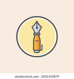 Small fountain ink pen filled icon with clip and nib inside a yellow circle background. Micro cute feather with metallic nib and orange barrel.