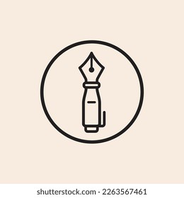 Small fountain ink pen outline icon with clip and nib inside a circle.