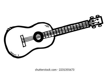 Small four string ukulele guitar. Musical instrument for playing live music. Outline hand drawn sketch. Drawing with ink. Isolated on white background. Vector.