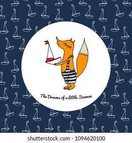 A small fox in a bathing suit with a boat, outline freehand drawing. For children's textiles, clothing, invitations, postcards. Vector illustration.