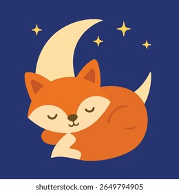 A small fox sleeps peacefully under a crescent moon and stars
