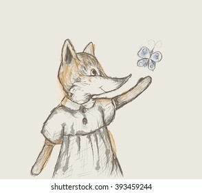 small fox tries to catch butterfly, drawing like pencil scratch with watercolor blots, retro picture, vector