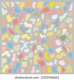 Small fragments of various shapes and color on a gray background. Freehand drawing. Doodle. Hand Drawn.	