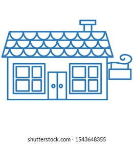 A small freestanding store with two display windows, a door, pipe  and a sign and a tiled roof, vector clip-art in blue on a white isolated background 