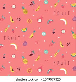 Small fruit and vegetables icons pattern. Summer vector background illustration on pink background