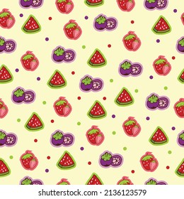 small fruits icon. hand drawn vector. strawberry, mangosteen and watermelon fruits illustration with colorful polka on yellow background. seamless pattern of fruit vector. wallpaper, wrapping paper. 
