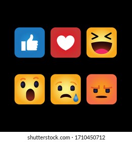 Small funny colorful square icons Facebook Instagram icons. Set of 6  emotional shapes. Funny, lovely, like, angry, crying and wondered