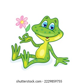 Small funny green frog sits with a flower in his hand. In cartoon style. Isolated on white background. Vector illustration