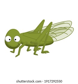 Small funny green grasshopper with stripes big eyes and smile
