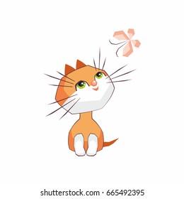 Small funny kitten plays with a butterfly. Children vector illustration in cartoon style