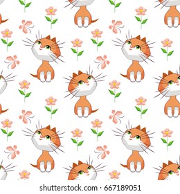 Small funny kitten plays with a butterfly. Children's full color seamless pattern in cartoon style.