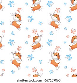 Small funny kitten plays with a butterfly. Children's full color seamless pattern in cartoon style.