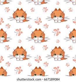 Small funny kitten plays with a butterfly. Children's full color seamless pattern in cartoon style.