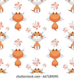 Small funny kitten plays with a butterfly. Children's full color seamless pattern in cartoon style.