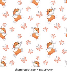 Small funny kitten plays with a butterfly. Children's full color seamless pattern in cartoon style.