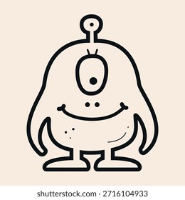 Small Funny Monster with one eye, big belly, antenna on the head and smile ready for halloween and spooky events vector line art