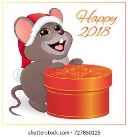 A small funny mouse with a large, round, red gift box. Gold pattern. Greeting card. Congratulations on the New Year and Christmas. Merry Christmas. Vector illustration
