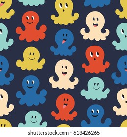 Small funny octopus. Cute smiling creatures. Vector seamless pattern, decorative childish background