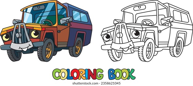 Small funny old pick-up truck or lorry or semi-truck coloring book for kids. Small funny cute car with eyes and mouth. Children vector illustration