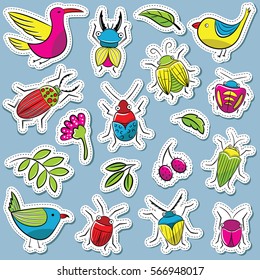 Small funny vector bugs with birds and plants stickers set. Collection of summer beetles and animals doodle style. Cartoon insects icons. 