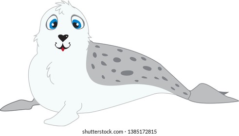 Small and funny white seal with gray on white background, cute, cartoon.