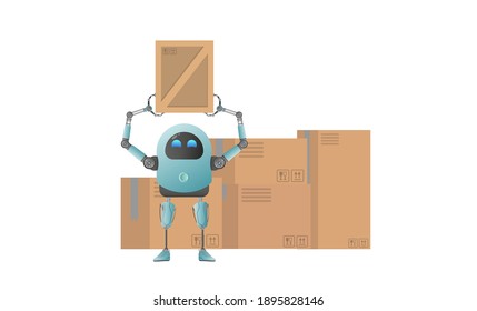 Un pequeño robot futurista recoge un paquete. Cajas de cartón. Concepto de entrega de carga. Aislado. Estilo de caricatura. Vector 
