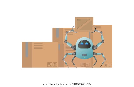 A small futuristic robot picks up a parcel. Carton boxes. Cargo delivery concept. Isolated. Cartoon style. Vector illustration.