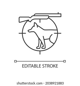 Kleines Jagdsymbol. Verfolgen Sie kleinere Seitentiere. Fangen Sie Landhühner auf. Vögel schießen. Dünne, anpassbare Illustration. Contour-Symbol. Vektor-einzelne Rahmenzeichnung. Bearbeitbarer Hub