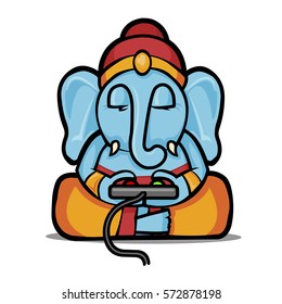 small Ganesha plays with the console on a white background