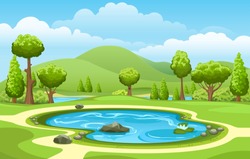Small Garden Lake. Isolated Cartoon Water Pond With Trees Landscape For Fishing, Spring Freshwater Forest Scenery View