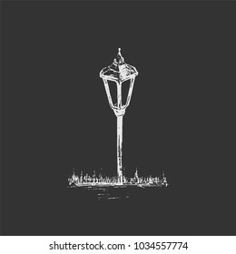 Small Garden Light. Solar Powered Lamp drawing. Sketch of Lantern. Hand drawn vector illustration of a street lamp. White drawing on dark gray background. Chalk board imitation.