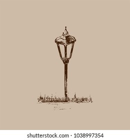 Small Garden Light. Solar Powered Lamp drawing. Sketch of Lantern. Hand drawn vector illustration of a street lamp. Brown drawing on beige background.