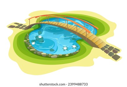 Pequeño estanque de jardín con un puente de arco. Piscina de patio trasero con lirios diseño de paisaje ilustración de dibujos animados