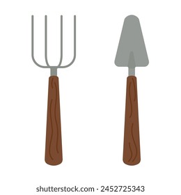A small garden shovel and a pitchfork. Tools for working in the garden and at home. Plant care. Vector illustration on a white background.