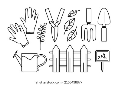 Pequeñas herramientas de jardinería, cizalladuras, latas de riego, guantes de jardinería. Conjunto de líneas vectoriales de herramientas y equipos de jardinería.