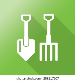 Small gardening shovel and fork flat icon vector with long shadow.