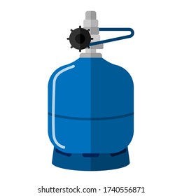 Small gas cylinder isolated on white background. Short canister fuel storage. Blue propane bottle with handle icon container in flat style vector illustration.