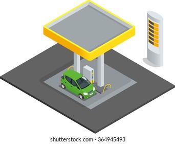 Small Gas Station. Petroleum Petrol Refill Station Cars. Flat 3d Web Isometric Infographic Concept Vector. Refilling Cleaning Shopping Service. Self Service.