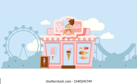 Small gelateria shop, vector illustration. Family business ice cream cafe in amusement park. Summer gelato store, cozy exterior, outdoor town landscape. Selection of tasty frozen desserts, yummy treat