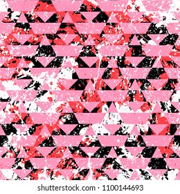 Small geometric abstract mosaic pattern with triangles and simple shapes in pink colors for fall winter fashion. Abstract geometry retro tiles background. Seamless simple grunge micro vector print