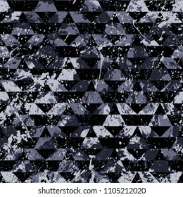 Small geometric abstract mosaic pattern with triangles and abstract shapes in black and white for fall winter fashion. Abstract geometry retro tiles background. Seamless grunge micro vector print