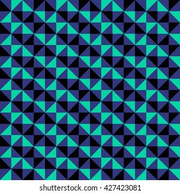 Small geometric abstract mosaic pattern with triangles and simple shapes in black, green, blue colors for fall winter fashion. Abstract dynamic techno op art background. Seamless vector textile print